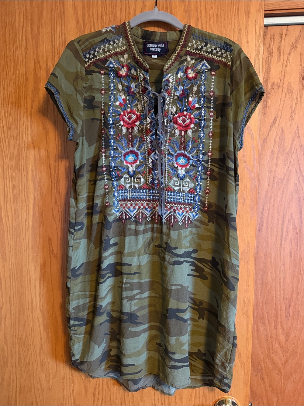 Johnny Was Olive Green Camo Embroidered Tunic